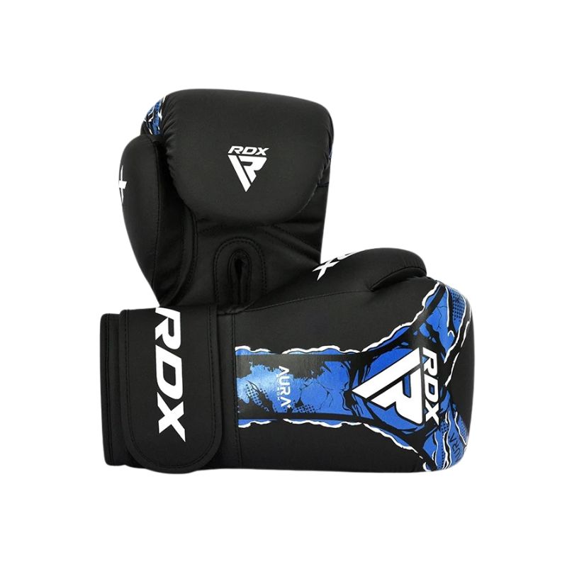 A pair of RDX boxing gloves in black with blue and white graphic accents, displayed against a solid white background.