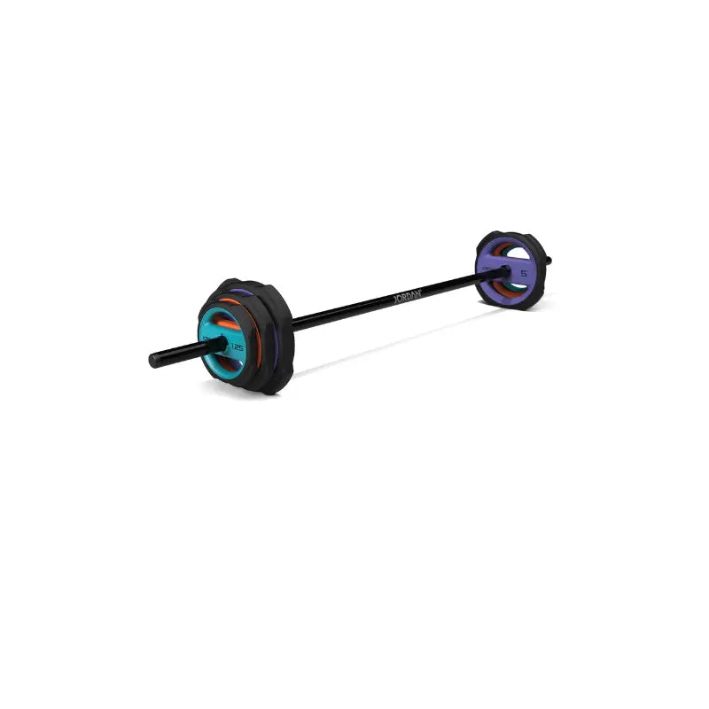 A black barbell with colorful weight plates on each end, including blue, orange, and purple plates, set against a plain white background.