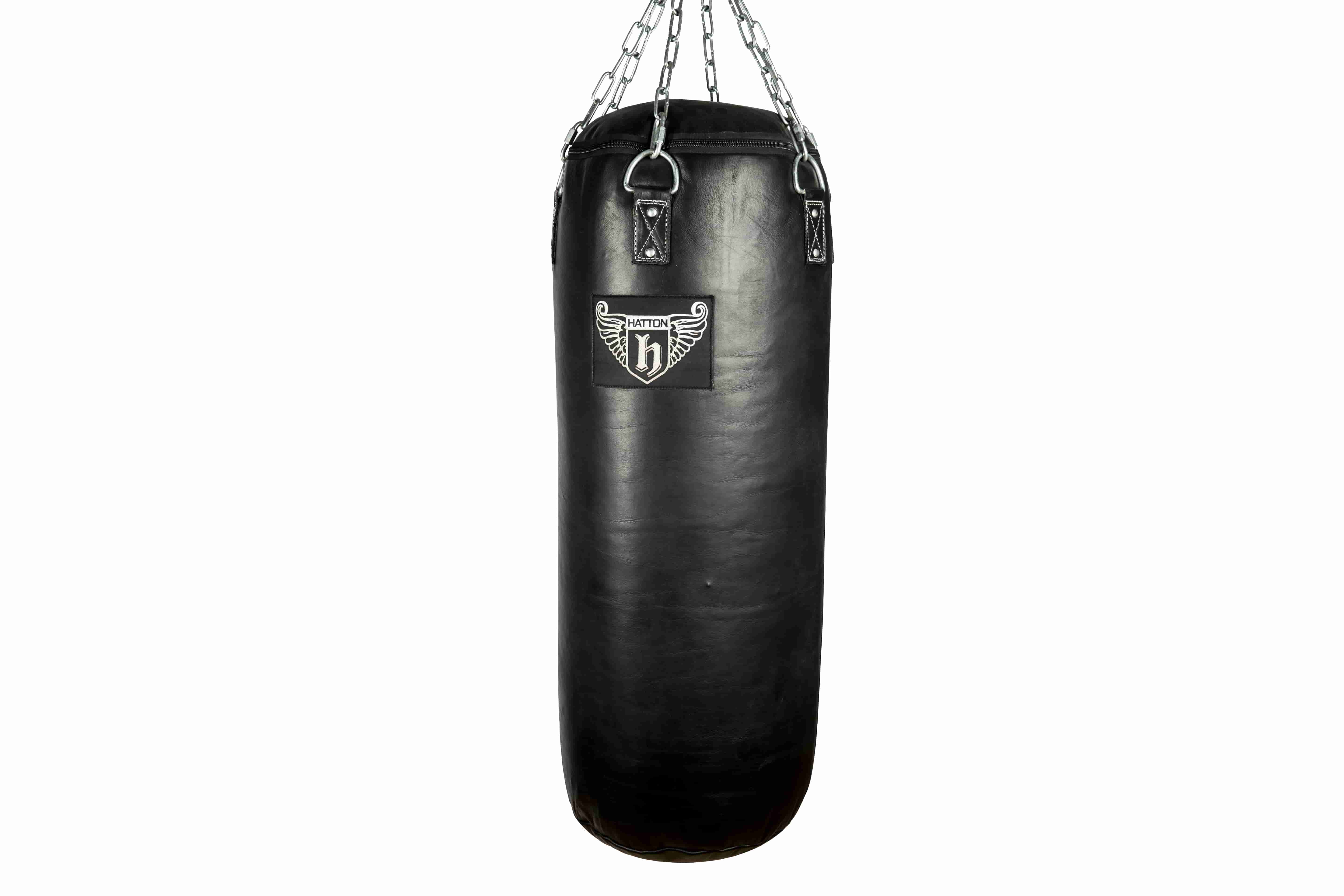 A black heavy punching bag with silver chains for hanging, featuring a logo with a shield and the letter h on its front, against a plain white background.