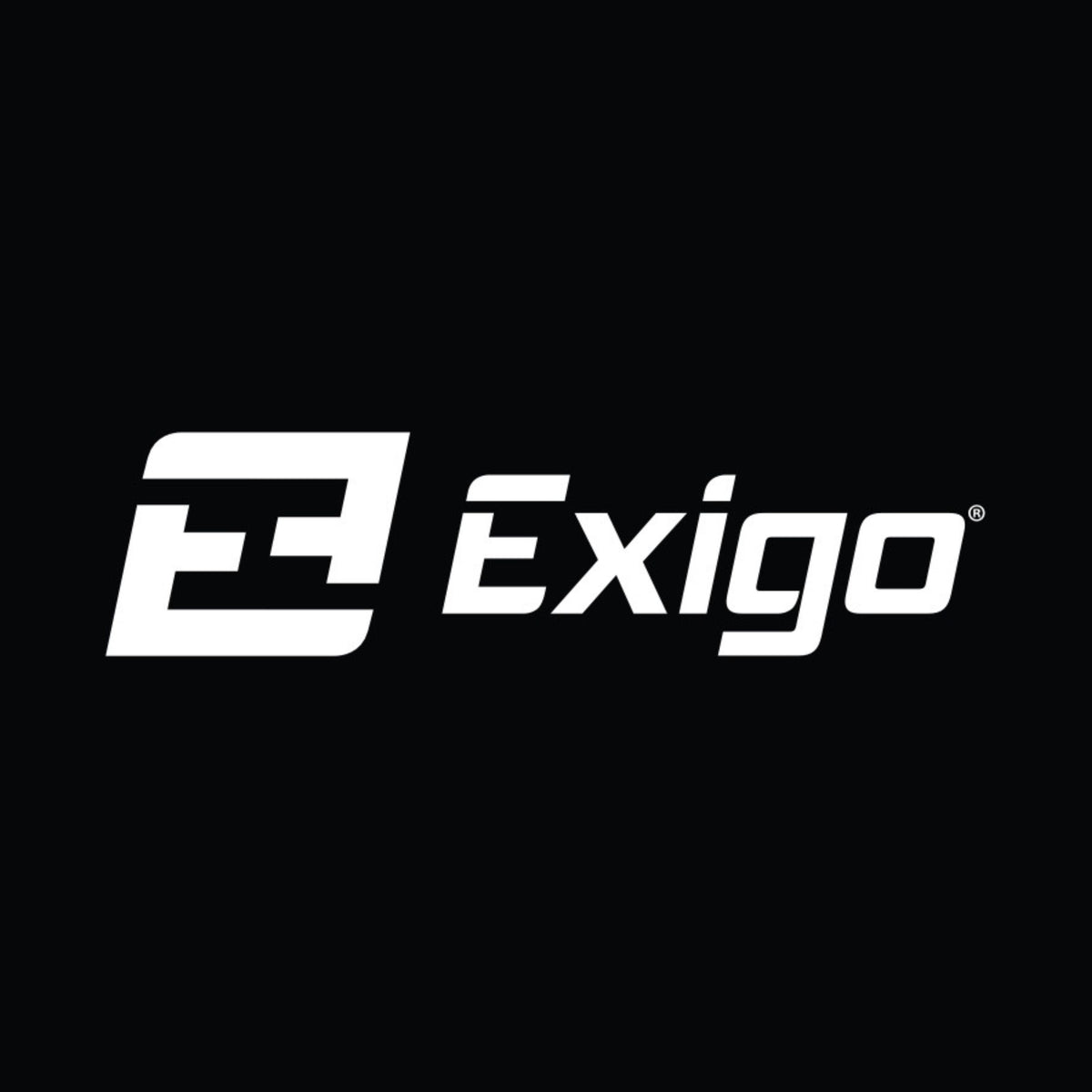 White Exigo text in a modern, bold font next to a stylized geometric E logo, all on a solid black background.
