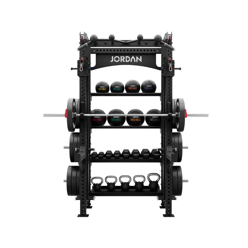 A black gym storage rack labeled JORDAN, holding medicine balls, kettlebells, weight plates, and a barbell, all organized neatly against a white background.