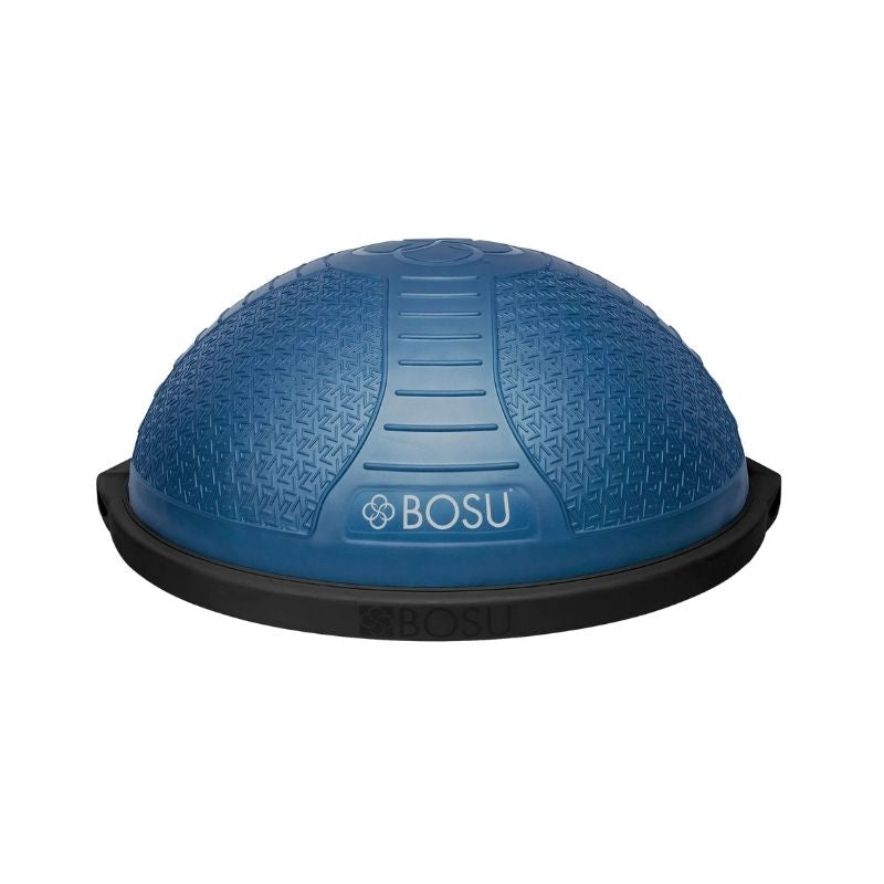 A blue BOSU balance trainer with a textured, dome-shaped rubber surface and a flat black base, used for exercise, stability, and balance training.