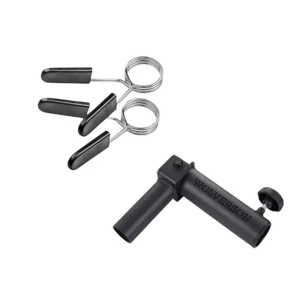 A pair of metal spring collars with black grips and a black steel barbell landmine attachment with WOLVERSON printed on the side, used for weightlifting and strength training.