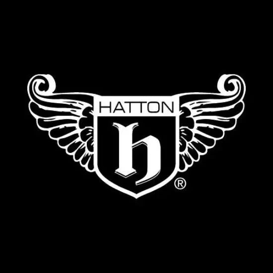 A black and white logo with the word HATTON above a large stylized h, flanked by ornate wings, all on a black background.
