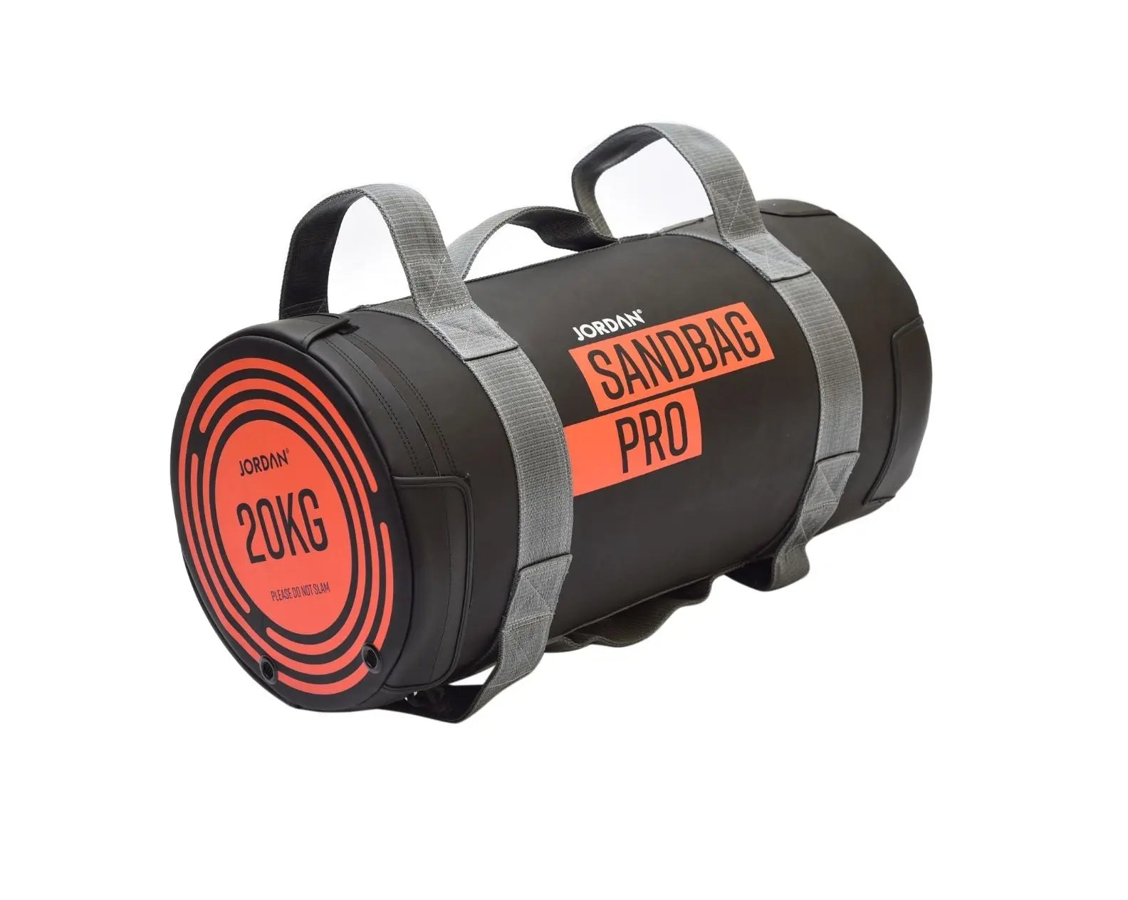 Black cylindrical sandbag with gray handles, labeled JORDAN SANDBAG PRO. One end displays 20KG in bold orange text. Used for fitness and strength training.