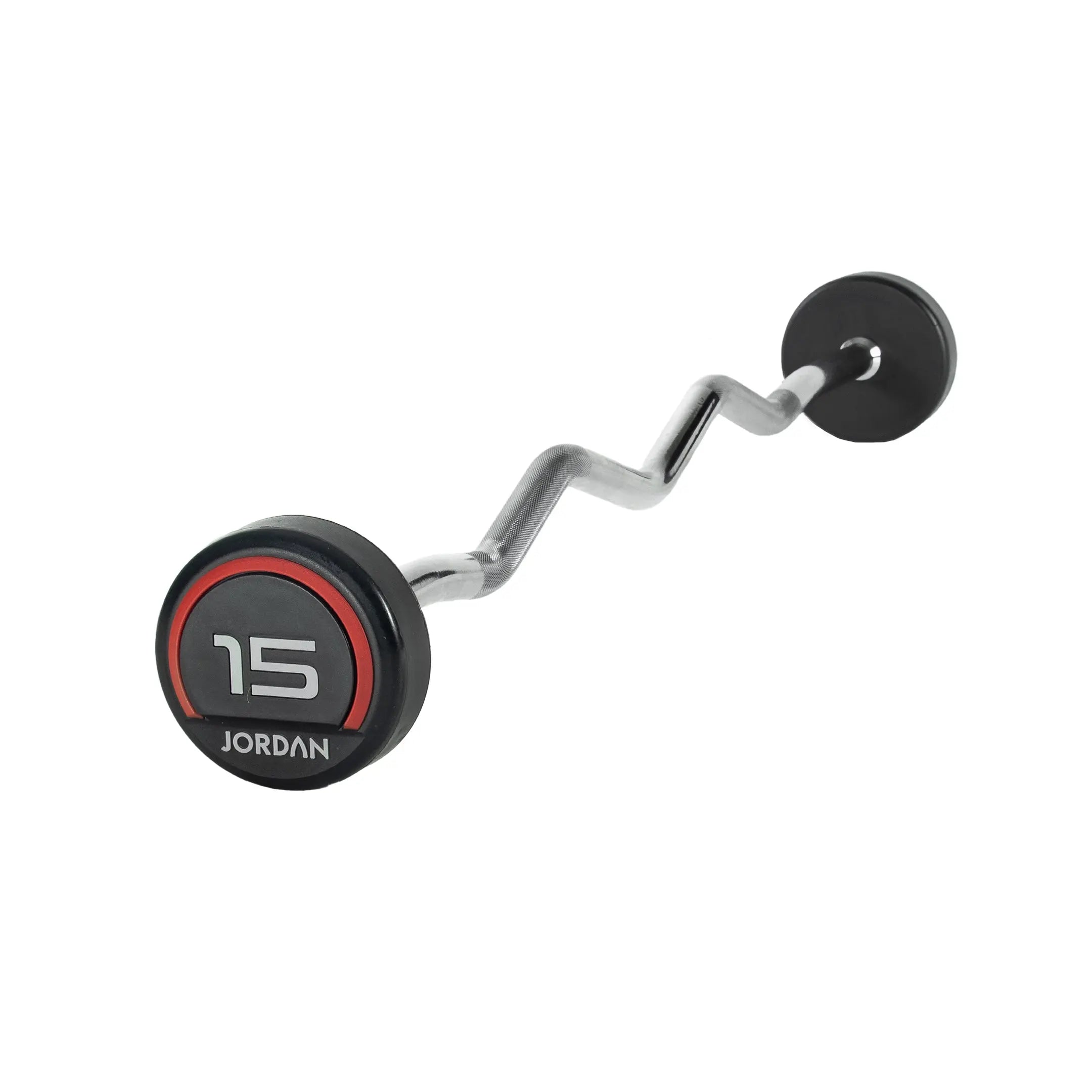 A black and silver EZ curl barbell with fixed round weights on each end, labeled 15 and Jordan on the nearest weight, on a white background.