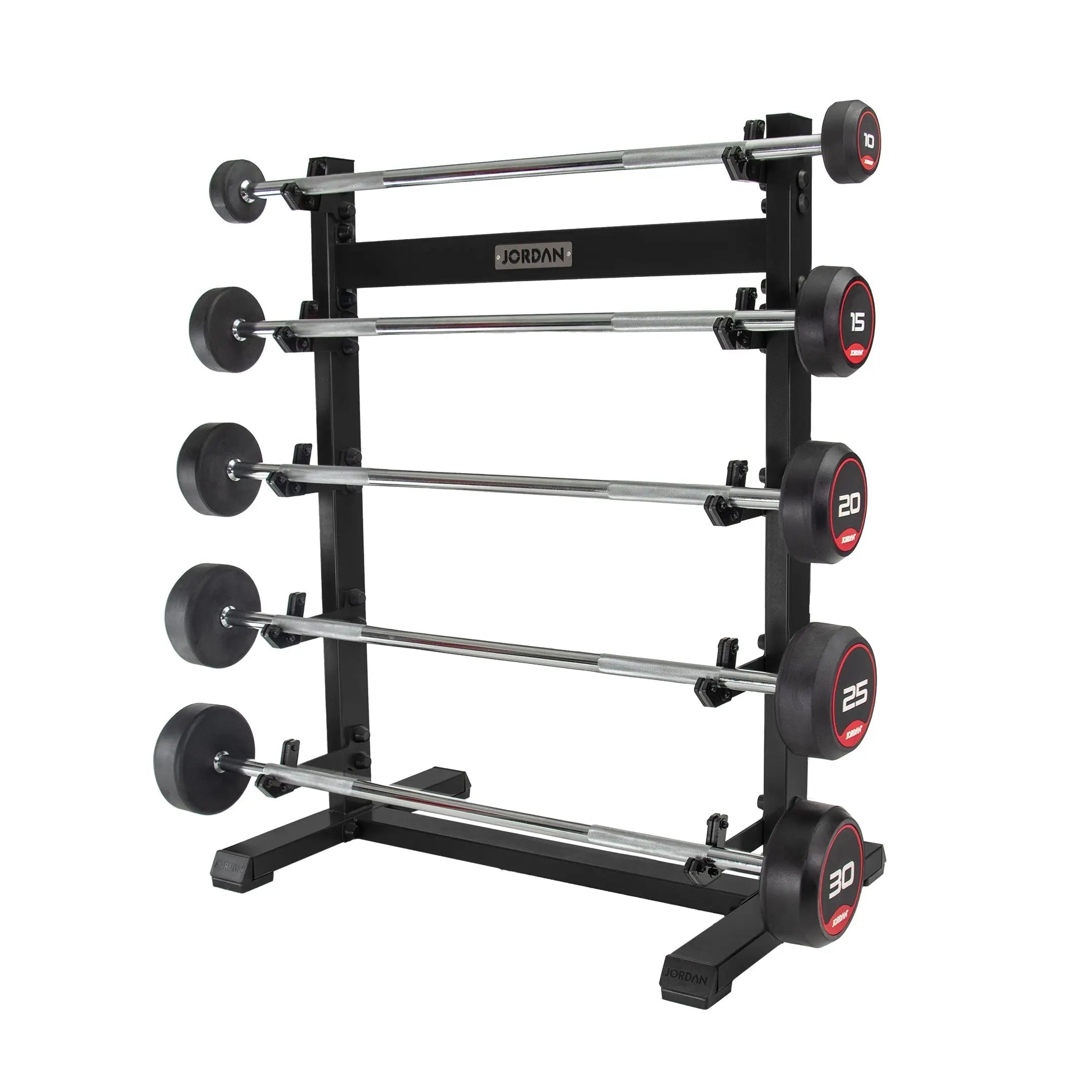 A black metal rack holding six fixed-weight barbells with round weights labeled from 10 to 30 kg, arranged horizontally in ascending order from top to bottom.