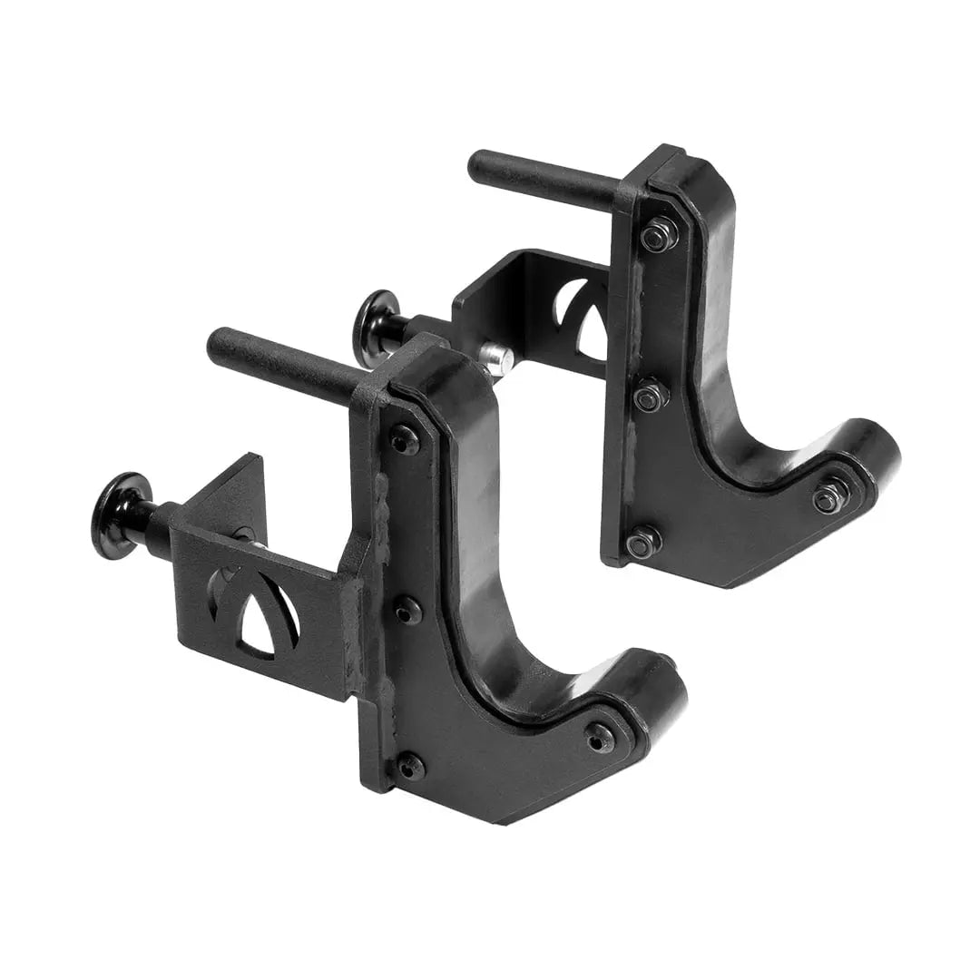 A pair of black metal J-cup barbell holders with bolts and reinforcement plates, designed for attaching to a squat rack for safely holding a barbell.