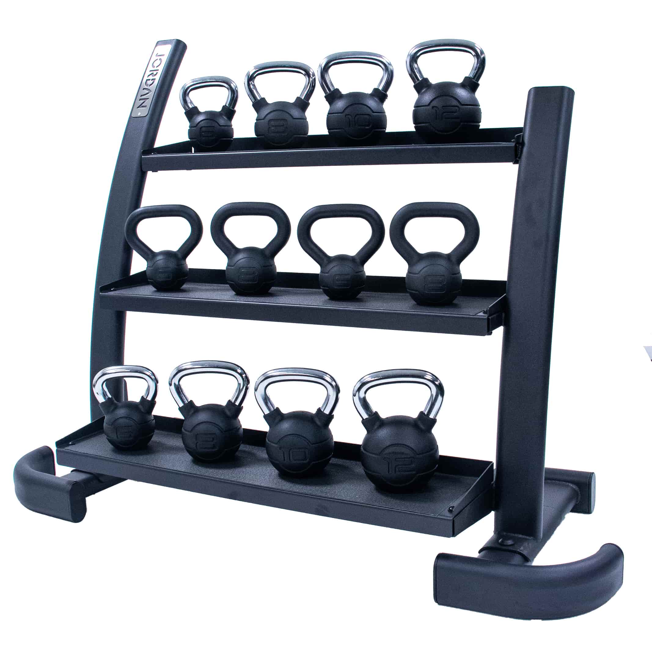 A black, three-tiered rack holds nine kettlebells of varying sizes and weights with chrome handles, arranged neatly in a gym or fitness setting.