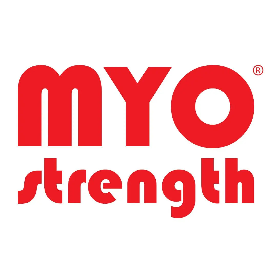 Red text on a white background reads MYO strength in bold, stylized uppercase and lowercase letters. The registered trademark symbol appears near the top right of the letter O.