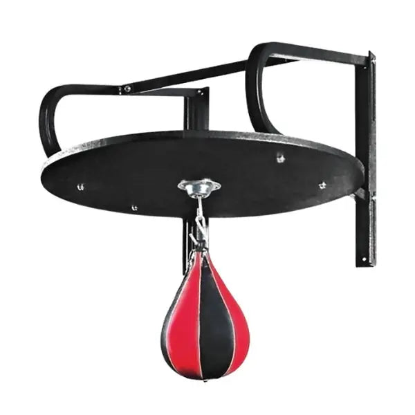 Wall-mounted speed bag platform with a black round board and metal brackets; a red and black punching bag hangs underneath for boxing training.