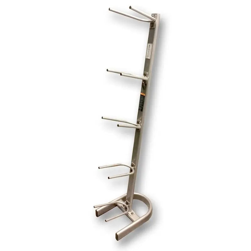 A two-tier rack holding black slam balls labeled with different weights, ranging from 5 to 70 pounds, arranged neatly in increasing order.