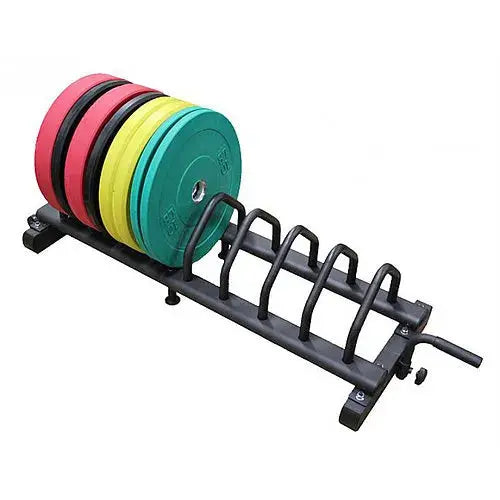 A metal weight plate rack holds several large round weight plates in red, yellow, and green, organized vertically side by side.