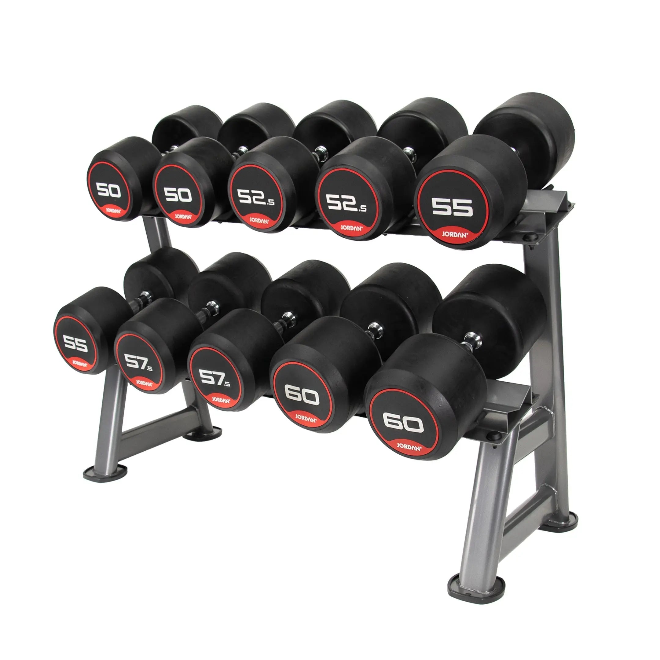 A set of black dumbbells with red and white weight labels ranging from 50 to 60 pounds, neatly arranged on a two-tier metal rack.
