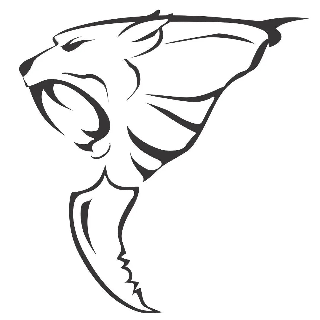 Abstract design resembling a jaguars head morphing into a stylized blade, using bold black lines and sharp angles.