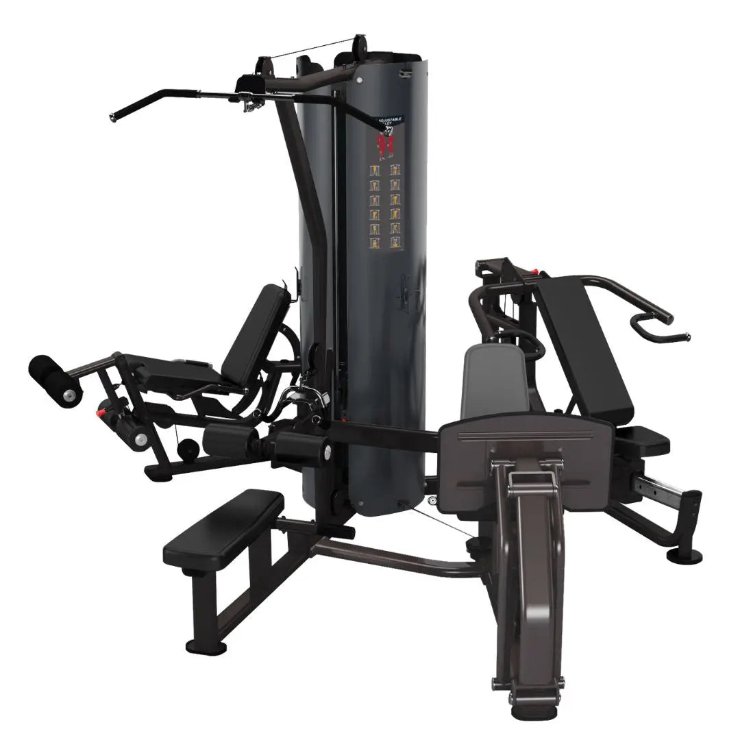 A multi-station home gym with various workout stations, including a lat pulldown, leg extension, press arms, padded seats, and weight stacks, designed for full-body strength training.