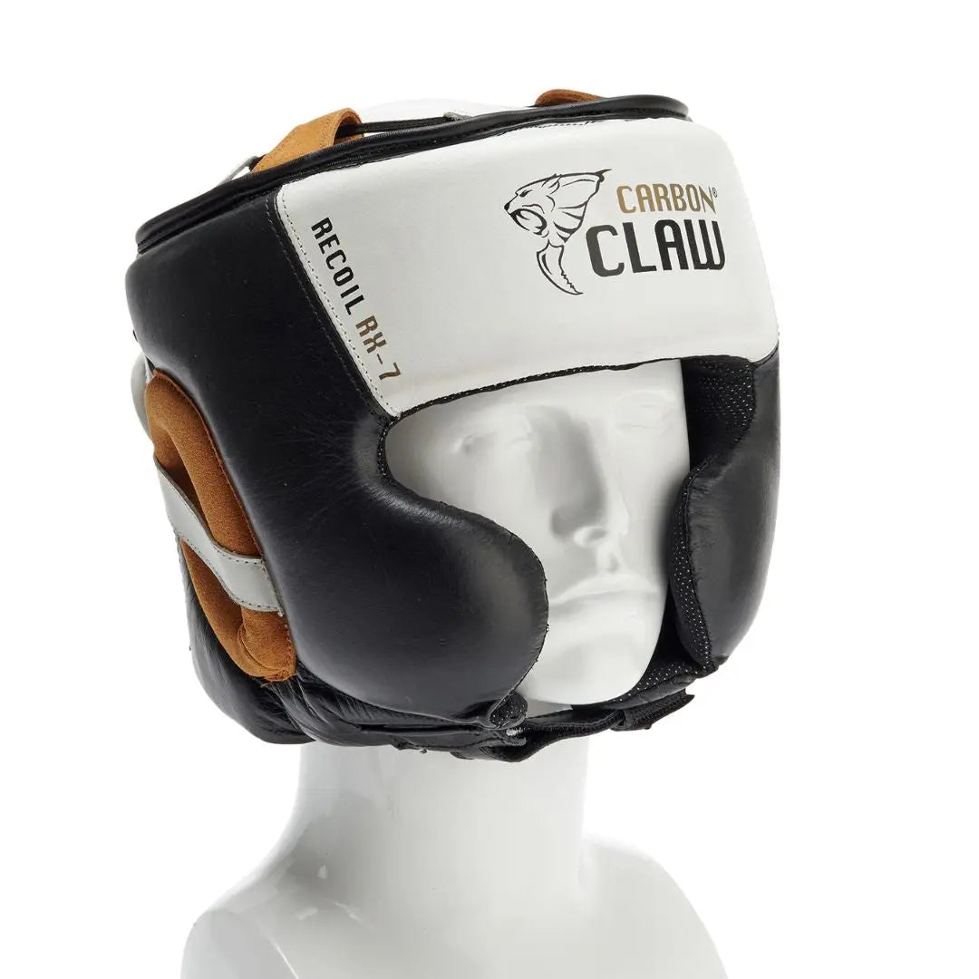 A mannequin head wearing a black, white, and brown Carbon Claw Recoil RX-7 boxing headguard, designed for protection during training or sparring.