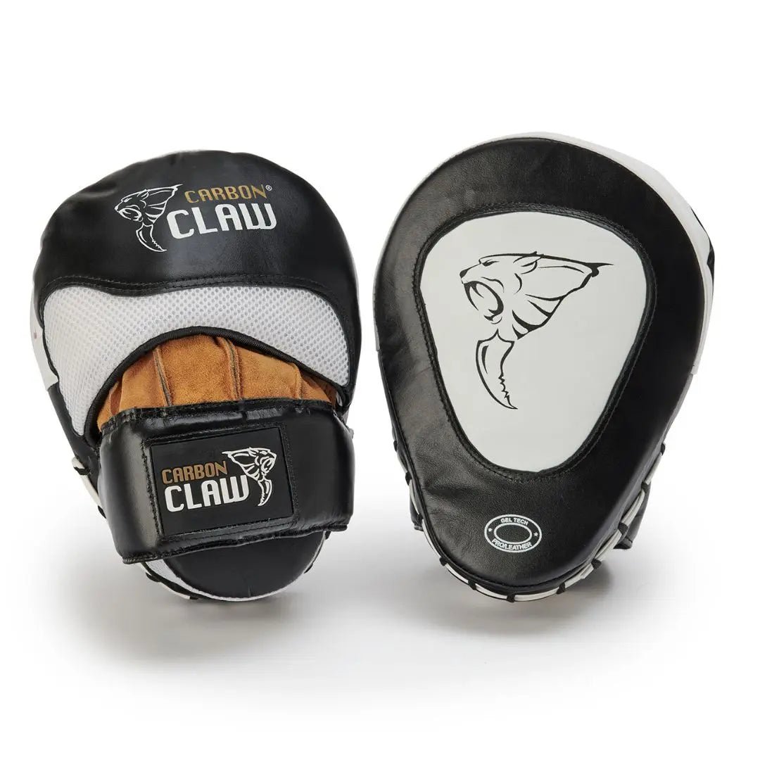 A pair of black and white padded boxing focus mitts with Carbon Claw branding and a claw logo, one showing the palm side and the other the striking surface.
