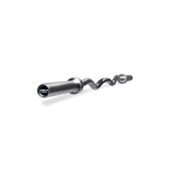A black EZ curl barbell with a zigzag design and REP logo on the end, shown on a white background.