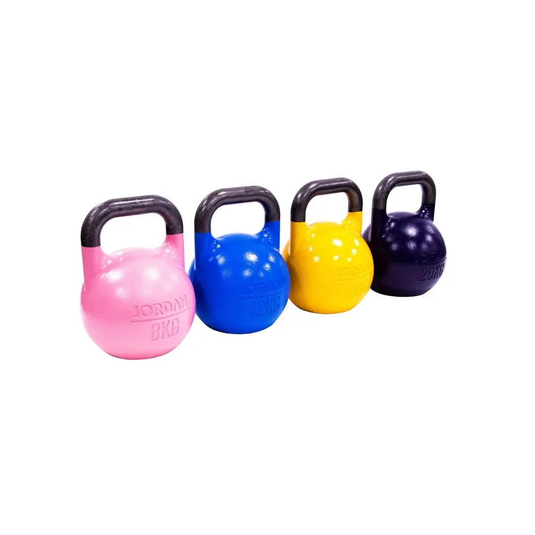 Four kettlebells are arranged in a row, each with a different weight and color: pink (8kg), blue (12kg), yellow (16kg), and dark blue (20kg). They have black handles and are marked with their weights.