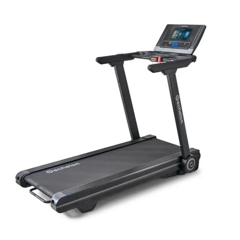 A black Echelon treadmill with a digital display screen, control buttons, and cup holders, shown from a front-side angle on a white background.