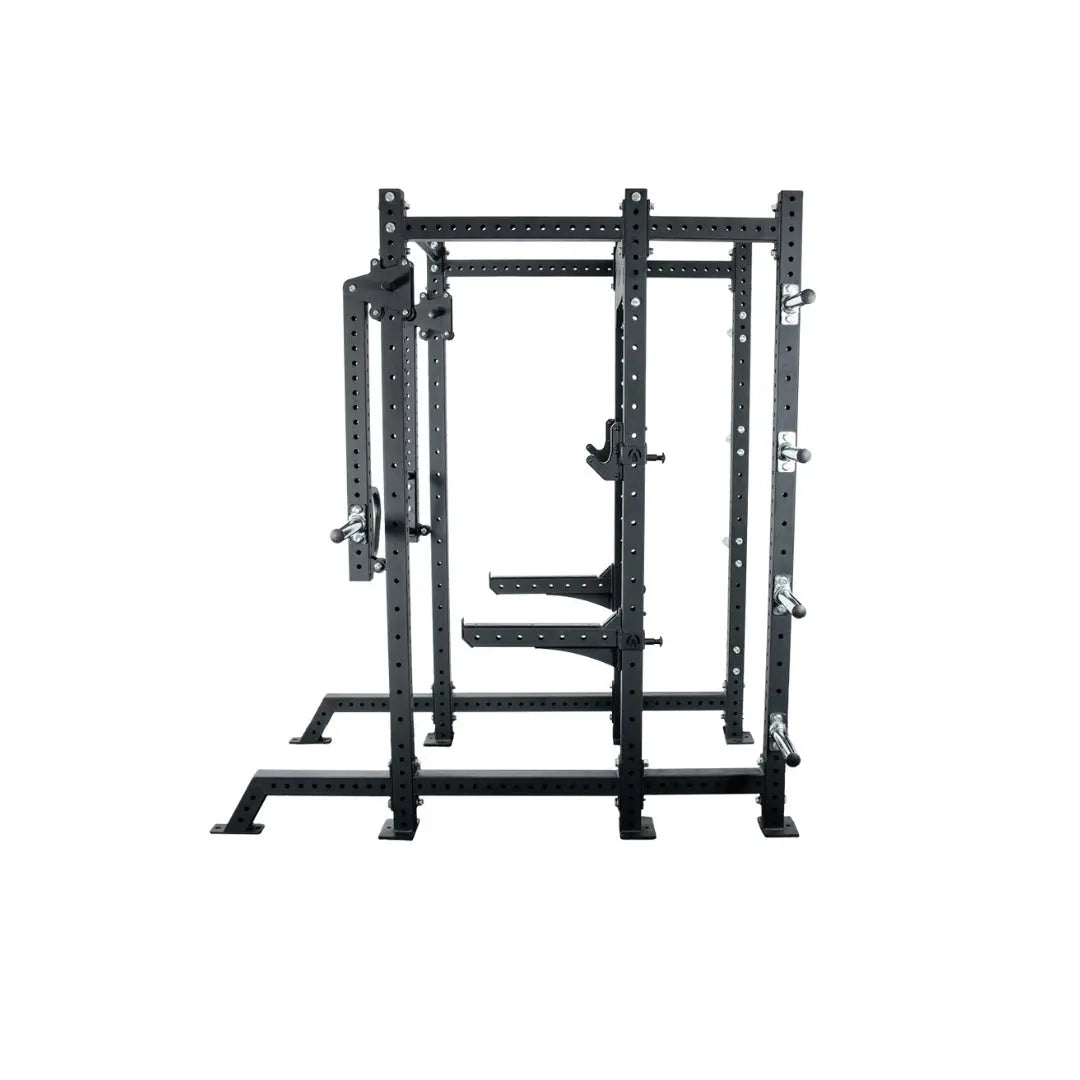 Black metal power rack with multiple holes for adjustable attachments, designed for weightlifting and strength training, standing on a white background.