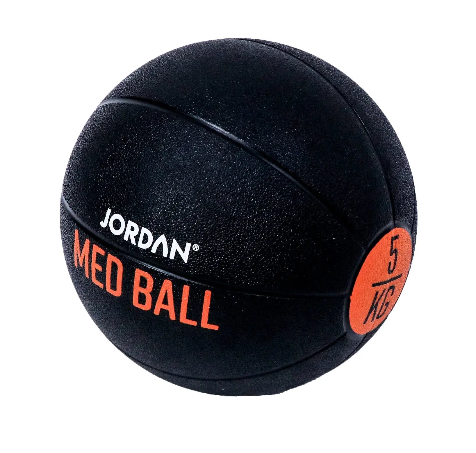 A black Jordan medicine ball with orange accents, labeled MED BALL and 5 KG in orange text, used for fitness and strength training.