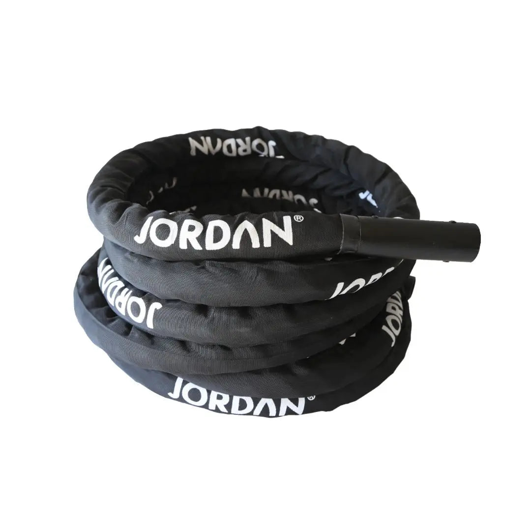 A coiled black cable lock covered with a fabric sleeve printed with the word JORDAN in white letters, shown on a white background.