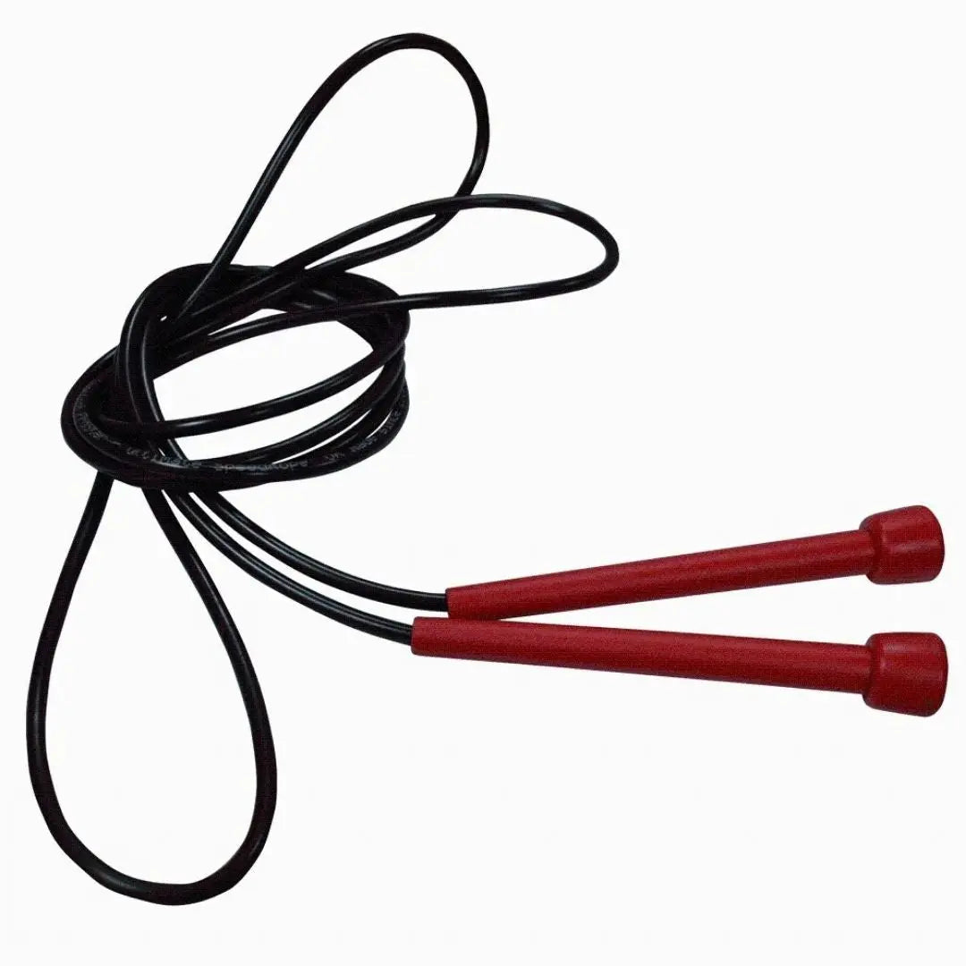 A black jump rope with red handles is coiled on a white background.