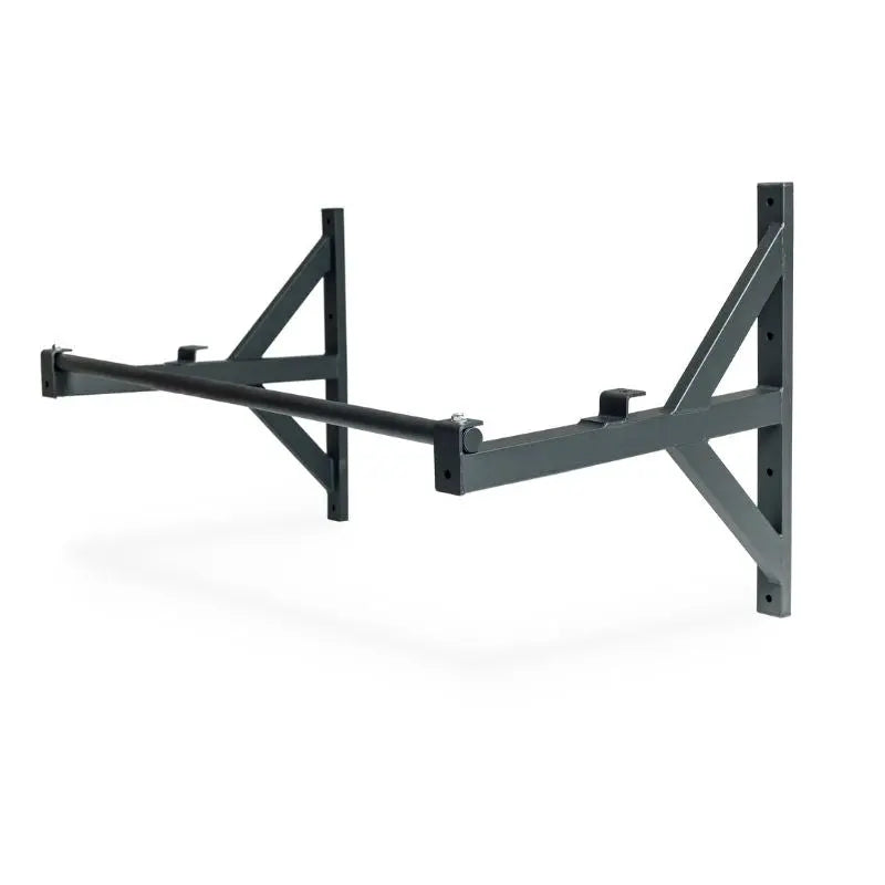 A black metal wall-mounted pull-up bar with triangular support brackets on each side, designed for strength training exercises.
