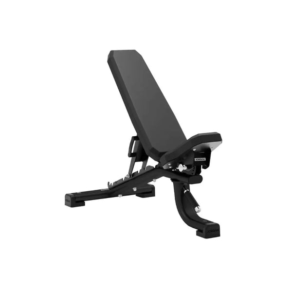 A black adjustable weight bench with a padded backrest and seat, set at an inclined angle. The bench has sturdy legs and a metal frame designed for gym or home workout use.
