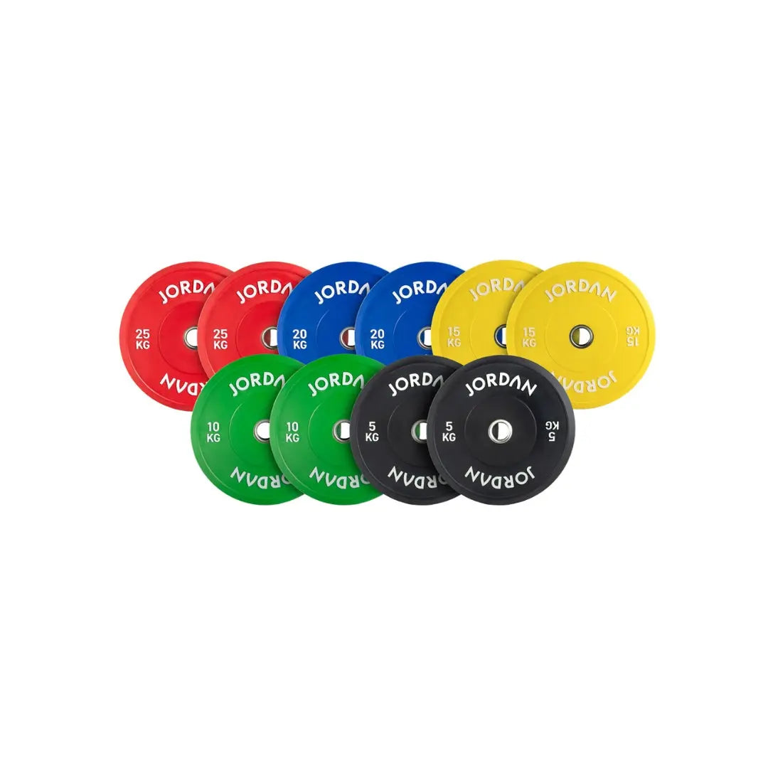 A set of colorful weight plates labeled with different kilograms and the brand JORDAN. The plates are red (25 kg), blue (20 kg), yellow (15 kg), green (10 kg), and black (5 kg).