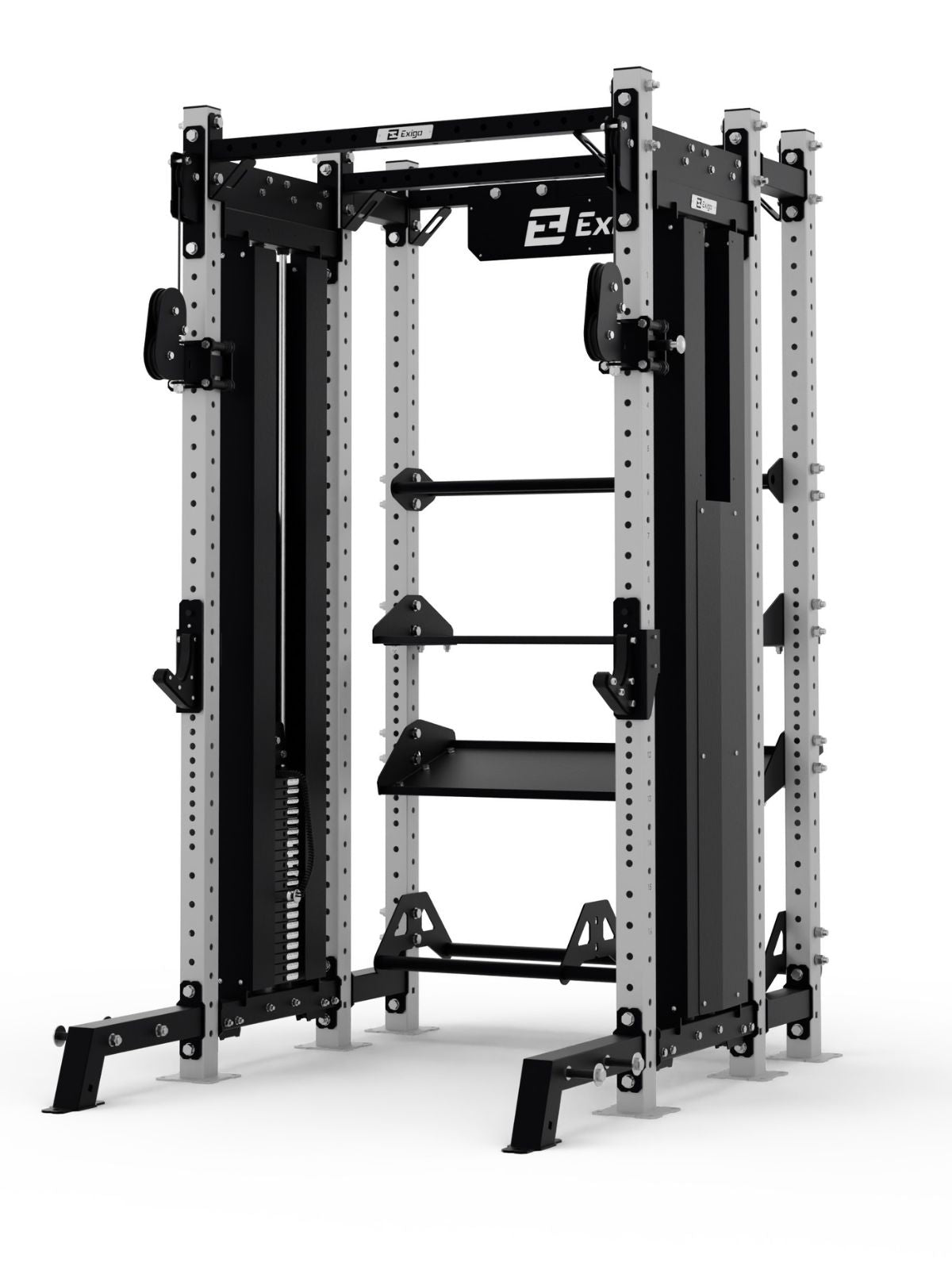 A black and silver power rack gym machine with adjustable pulleys, weight storage pegs, and pull-up bars, designed for strength training and various exercises.