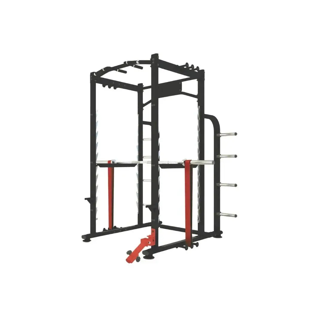 A black and red power rack with multiple weight plate holders and adjustable safety bars, designed for strength training and weightlifting exercises. The background is plain white.