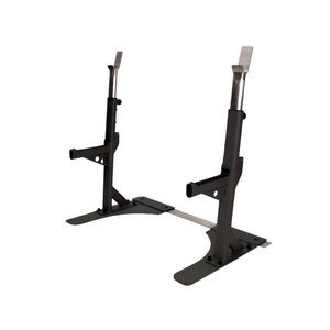 The Jordan JORDAN Premium Heavy Duty Squat Stand features adjustable black and silver uprights with a connecting bar, ideal for securely holding barbells during weightlifting in any home or garage gym.