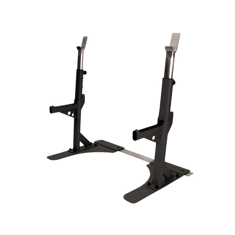 The Jordan JORDAN Premium Heavy Duty Squat Stand features adjustable black and silver uprights with a connecting bar, ideal for securely holding barbells during weightlifting in any home or garage gym.