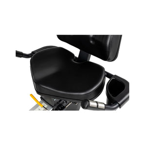 Black recumbent exercise bike seat with handlebar and cup holder on a white background