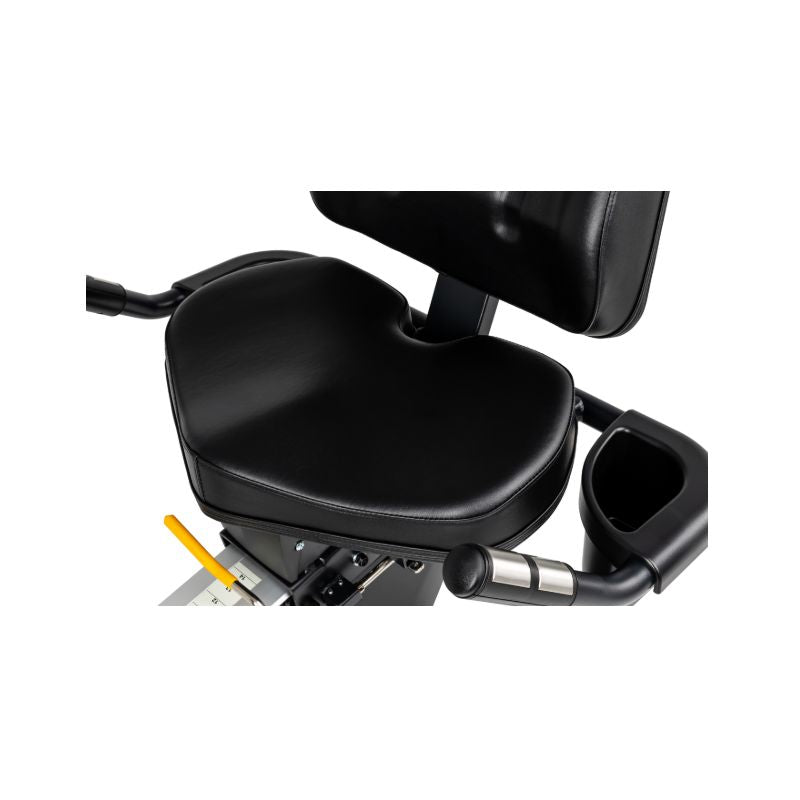 Black recumbent exercise bike seat with handlebar and cup holder on a white background