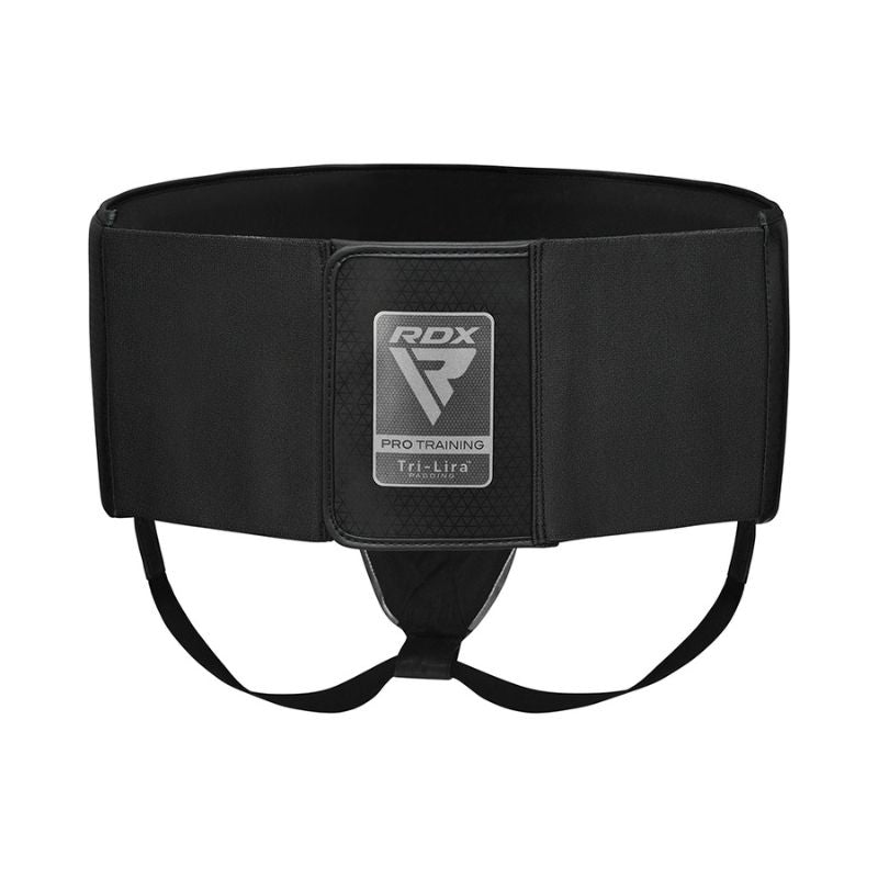 Black RDX Pro Training protective groin guard with wide waistband, adjustable velcro strap, and leg straps, designed for sports or martial arts, shown against a white background.