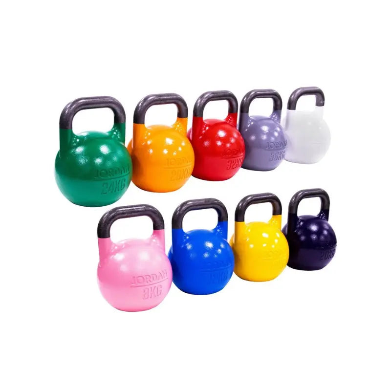 A pink Jordan Competition Steel Kettlebell, BSI approved with a black handle and 8kg weight marking, is shown on a white background.
