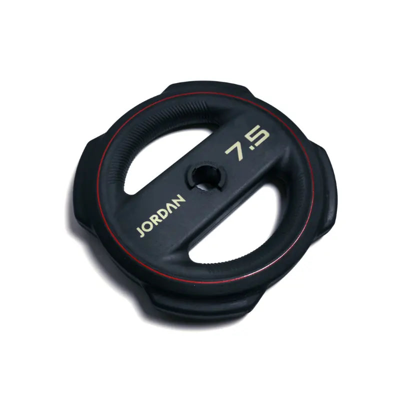 The Jordan Ignite Pump X™ Rubber Studio Set features a black studio barbell with textured grip and labeled round rubber plates, all in a sleek design, studio ready and shown isolated on a white background.