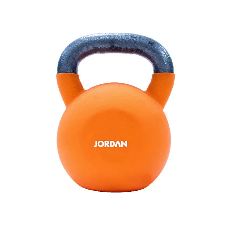 The Jordan JORDAN Neoprene Kettlebell, color-coded in orange with a metal handle and white 24 on the front, is ideal for strength and functional training. Displayed on a white background.