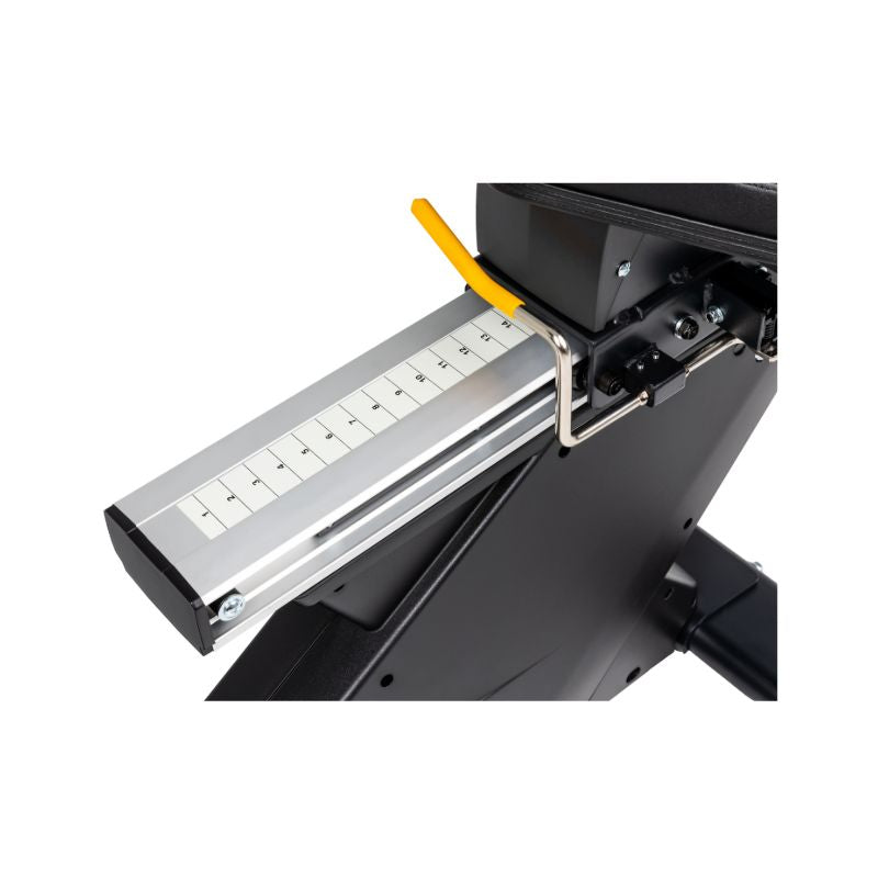 Close-up of a recumbent exercise bike adjustable seat on a white background