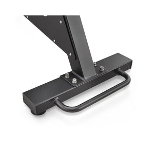 Close-up view of the metal base and handlebar of a black exercise or weight bench, showing bolts and sturdy construction against a white background.