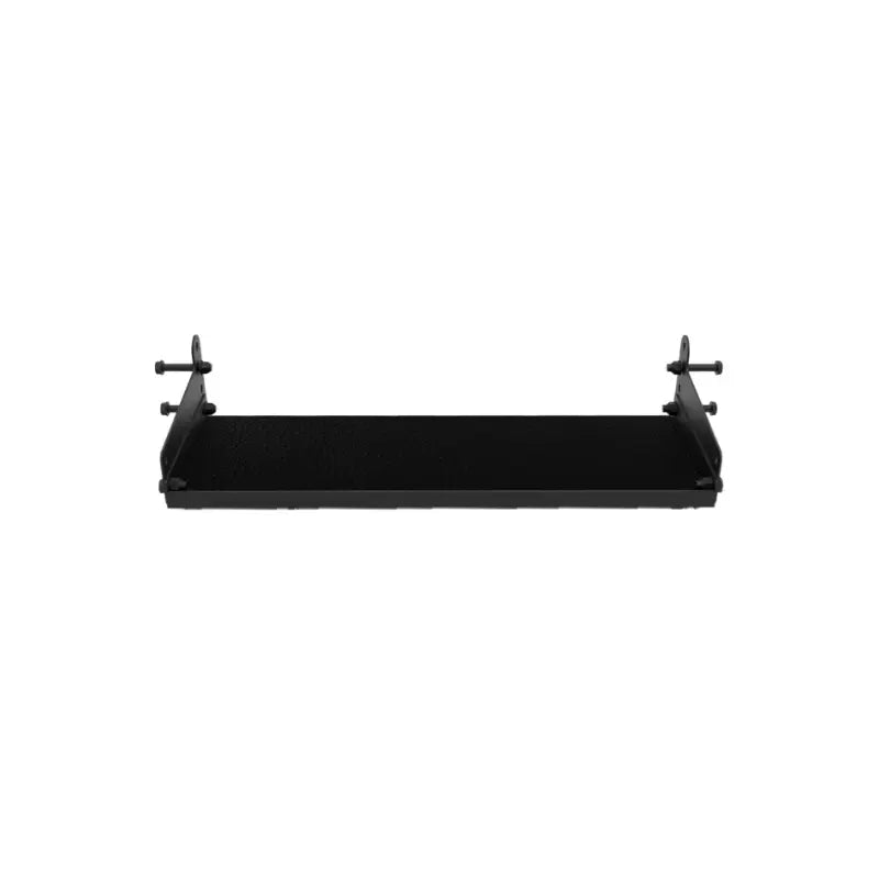 The Jordan J75 Storage Shelf Attachment is a black metal shelf designed for the J75 Compact Power Rack. With a textured surface and side brackets featuring multiple holes for assembly, its ideal for securely holding electronic equipment in your rack setup.