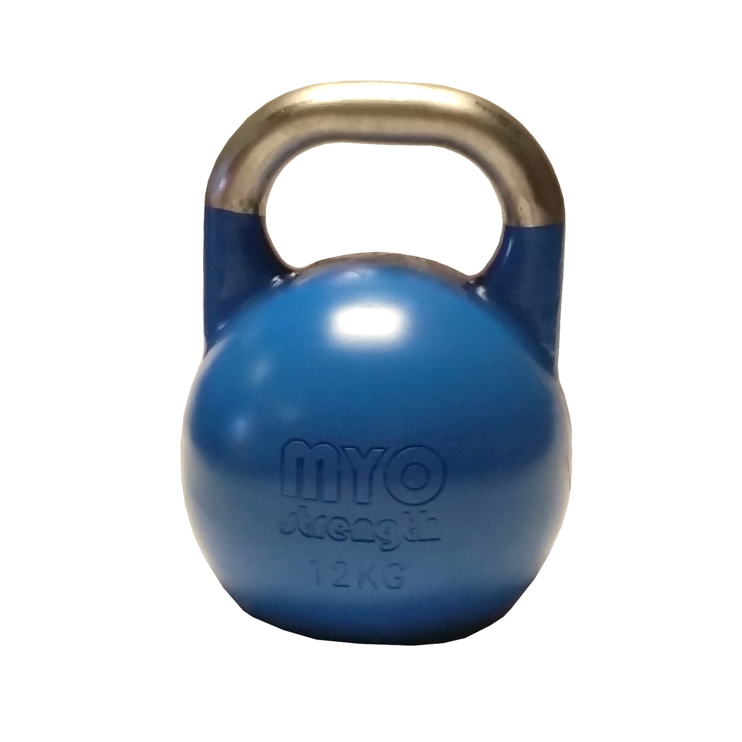 An 12KG MYO Strength Competition Kettlebell by MYO Strength, blue with a smooth silver handle, perfect for functional strength training, shown on a white background.