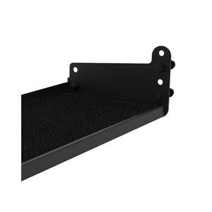 The Jordan J75 Storage Shelf Attachment is a black metal shelf designed for the J75 Compact Power Rack. With a textured surface and side brackets featuring multiple holes for assembly, its ideal for securely holding electronic equipment in your rack setup.