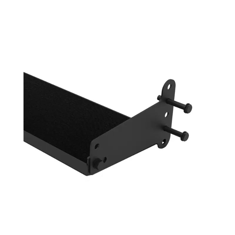 The Jordan J75 Storage Shelf Attachment is a black metal shelf designed for the J75 Compact Power Rack. With a textured surface and side brackets featuring multiple holes for assembly, its ideal for securely holding electronic equipment in your rack setup.