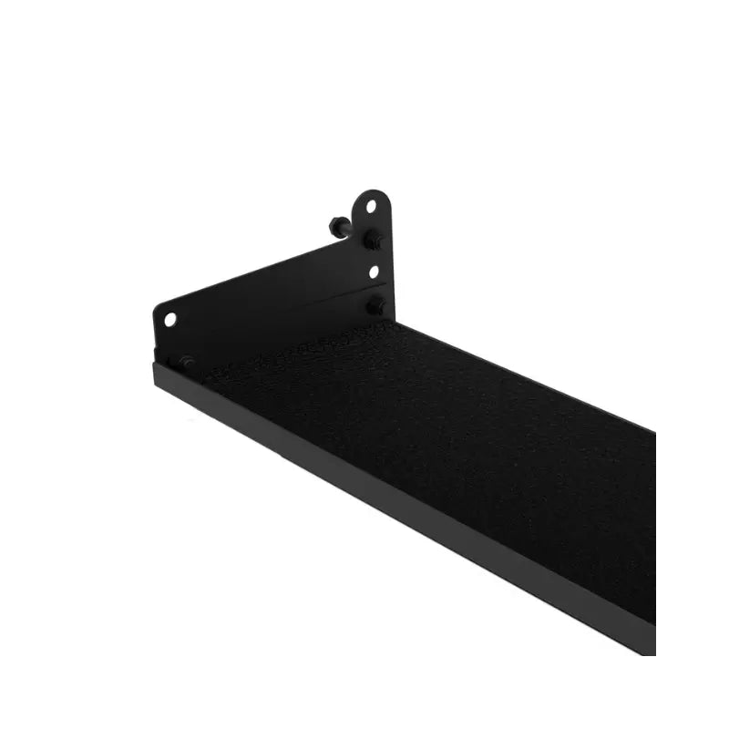 The Jordan J75 Storage Shelf Attachment is a black metal shelf designed for the J75 Compact Power Rack. With a textured surface and side brackets featuring multiple holes for assembly, its ideal for securely holding electronic equipment in your rack setup.