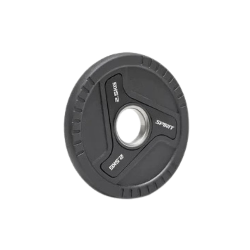 Black weight plate with 'Spirit' branding on a white background
